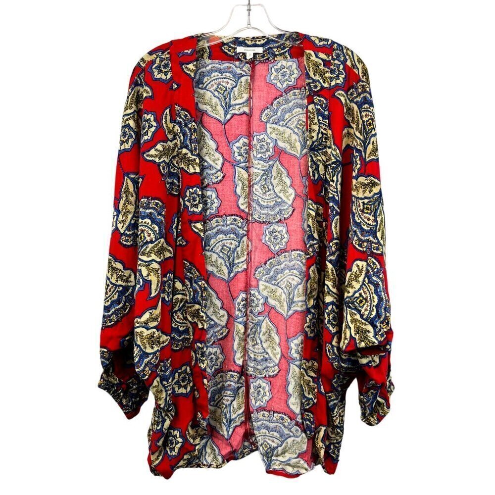 Maurices Womens Open Front Red/Multi Floral Kimono Bat Sleeves S/M
